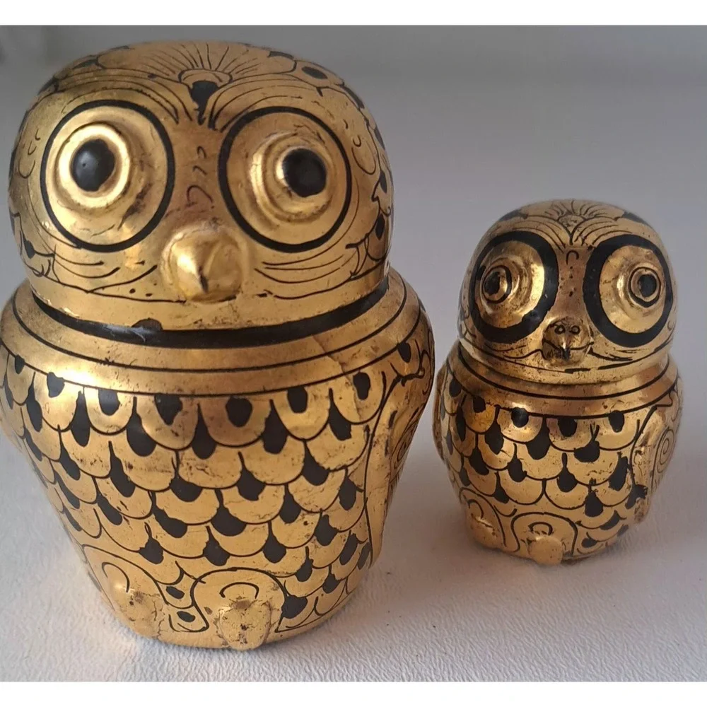 Vintage Burmese Owl Gold Gilt Lacquer Nesting Boxes Set Of 2